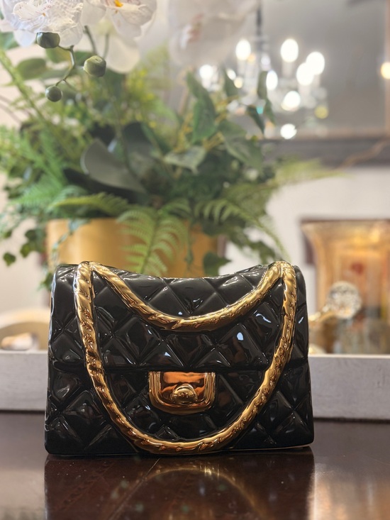 Other - Elegant Ceramic Black Quilted Chain Bag Vase with Gold Hardware